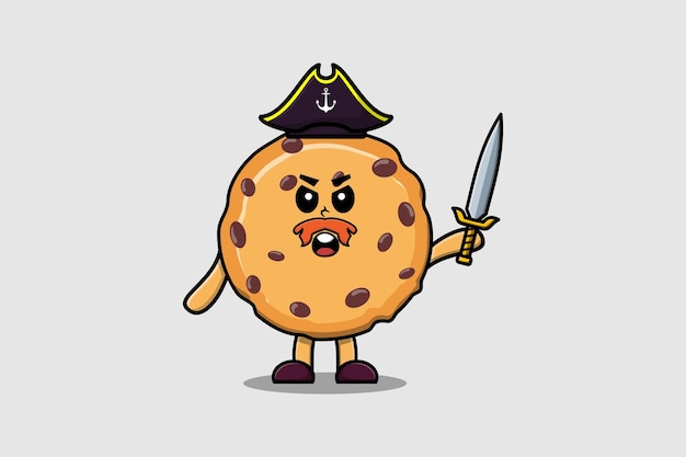 Cute cartoon mascot character biscuits pirate with hat and holding sword in modern design