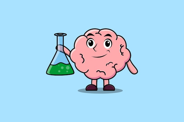 Cute cartoon mascot character Brain as scientist with chemical reaction glass