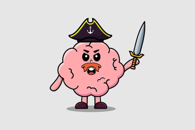 Cute cartoon mascot character Brain pirate with hat and holding sword in modern design