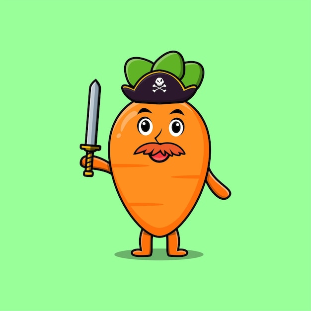 Cute cartoon mascot character carrot pirate with hat and holding sword in modern design