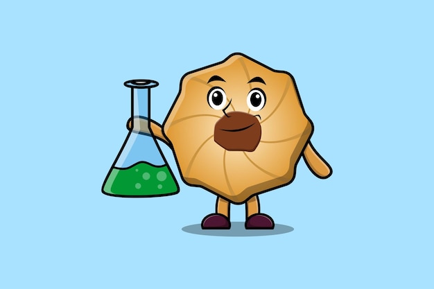 Cute cartoon mascot character Cookies as scientist with chemical reaction glass