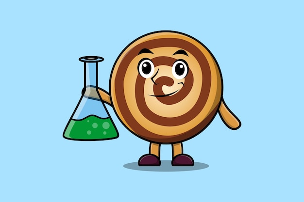 Simpatico personaggio mascotte cartoon cookies come scienziato con vetro di reazione chimica