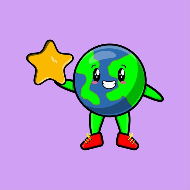 Cute cartoon mascot character earth mascot holding big golden star in cute modern style design for t-shirt, sticker, logo element