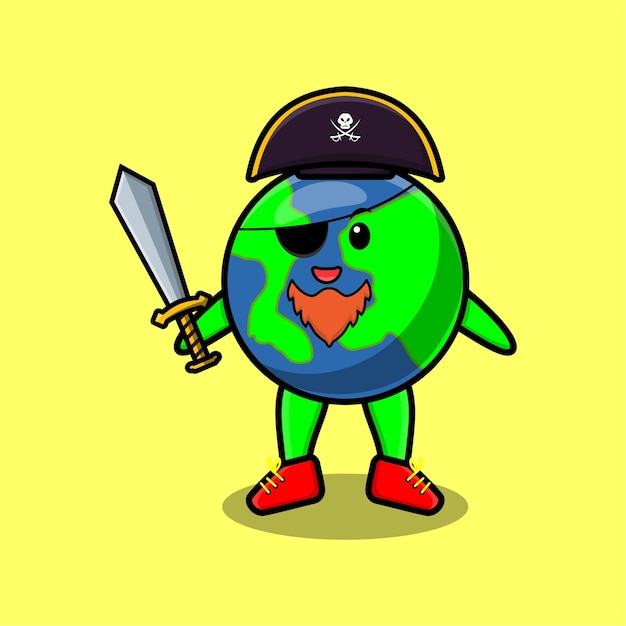 Cute cartoon mascot character earth pirate with hat and holding sword in modern design