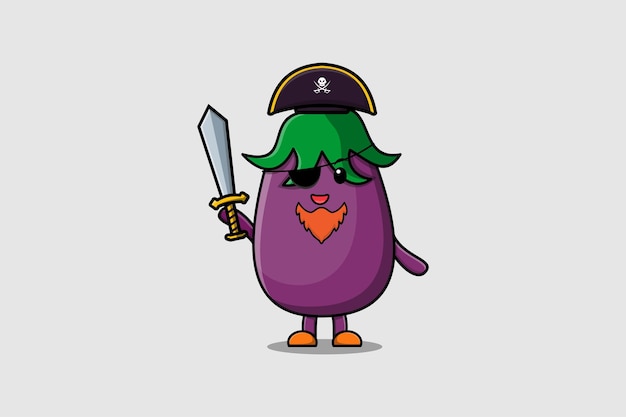 Cute cartoon mascot character eggplant pirate with hat and holding sword in modern design