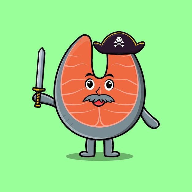 Simpatico cartone animato personaggio mascotte salmone fresco pirata con cappello e spada in un design moderno