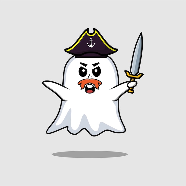 Cute cartoon mascot character ghost pirate with hat and holding sword in modern design