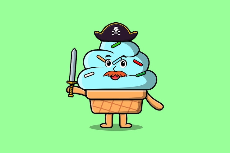 वेक्टर cute cartoon mascot character ice cream pirate with hat and holding sword in modern design