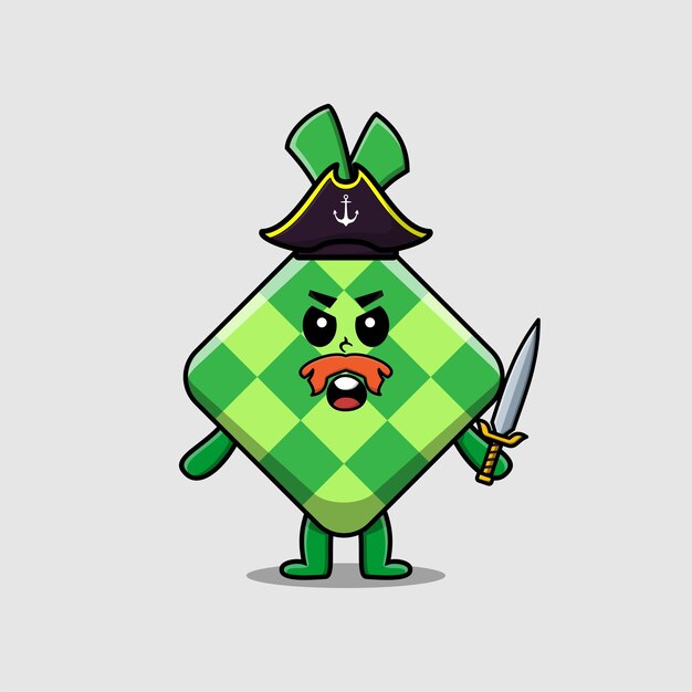 Cute cartoon mascot character ketupat pirate with hat and holding sword in modern design