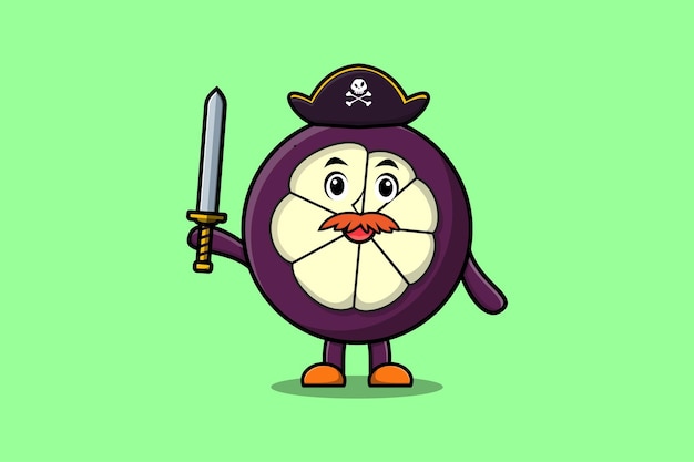 かわいい漫画のマスコット キャラクター マンゴスチン海賊帽子とモダンなデザインで剣を保持