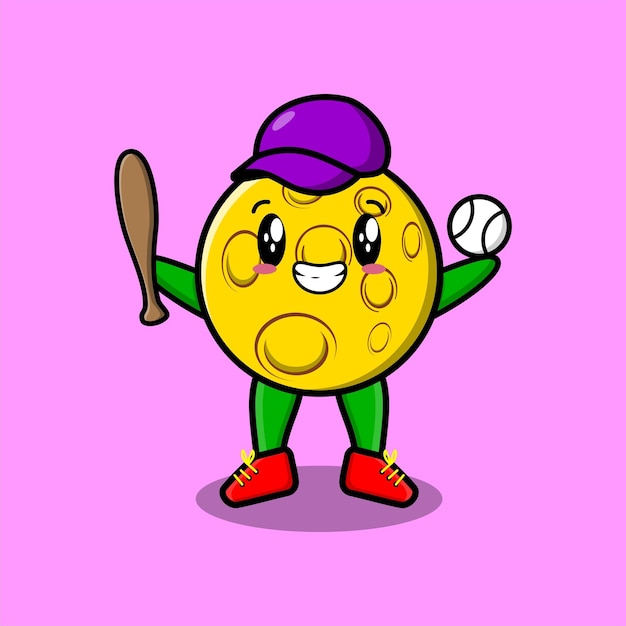 Cute cartoon mascot character moon playing baseball in modern style design