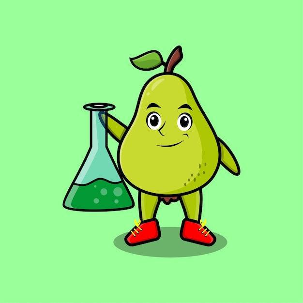 Simpatico cartone animato mascotte personaggio pera frutta come scienziato con vetro di reazione chimica