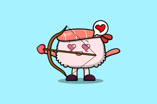 Cute cartoon mascot character romantic cupid Sushi shrimp with love arrow in modern design