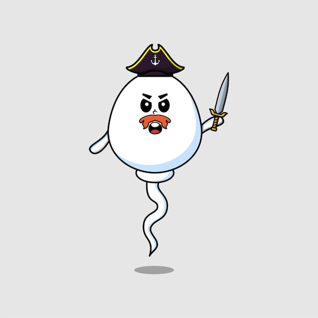 Cute cartoon mascot character sperm pirate with hat and holding sword in flat modern design