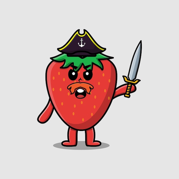 Cute cartoon mascot character strawberry pirate with hat and holding sword in modern design