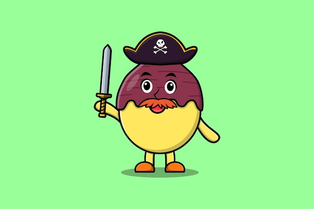 Симпатичный мультяшный персонаж-талисман пират из сладкого картофеля в шляпе и с мечом в современном дизайне