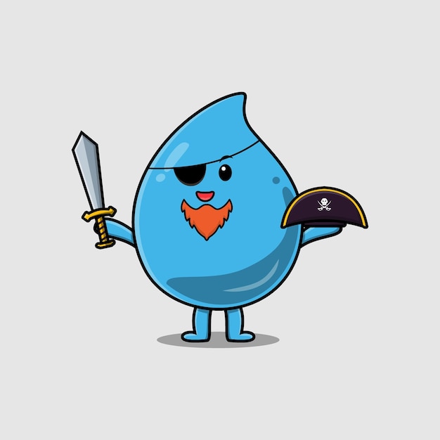 Cute cartoon mascot character water drop pirate with hat and holding sword in modern design