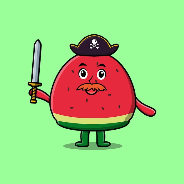 Vector cute cartoon mascot character watermelon pirate with hat and holding sword in modern design