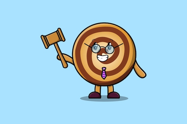 Cute cartoon mascot character wise judge Cookies wearing glasses and holding a hammer