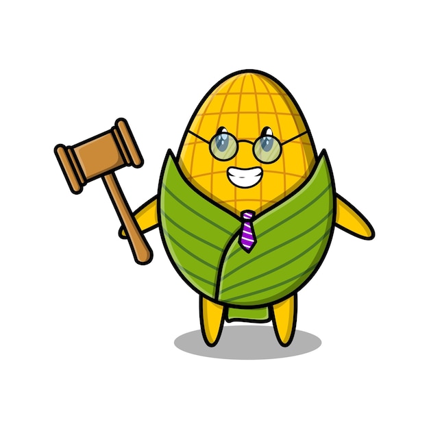 Cute cartoon mascot character wise judge corn wearing glasses and holding a hammer