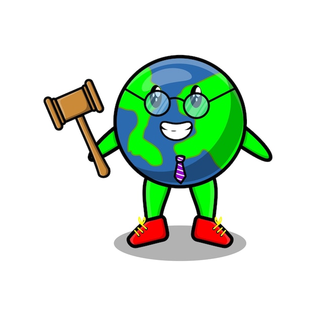 Cute cartoon mascot character wise judge earth wearing glasses and holding a hammer with cute modern style design for t-shirt, sticker, logo element