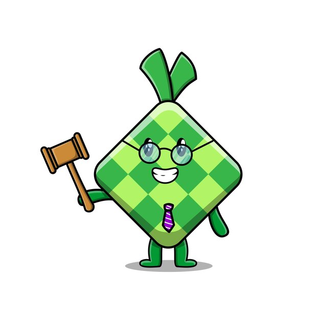 Cute cartoon mascot character wise judge ketupat wearing glasses and holding a hammer