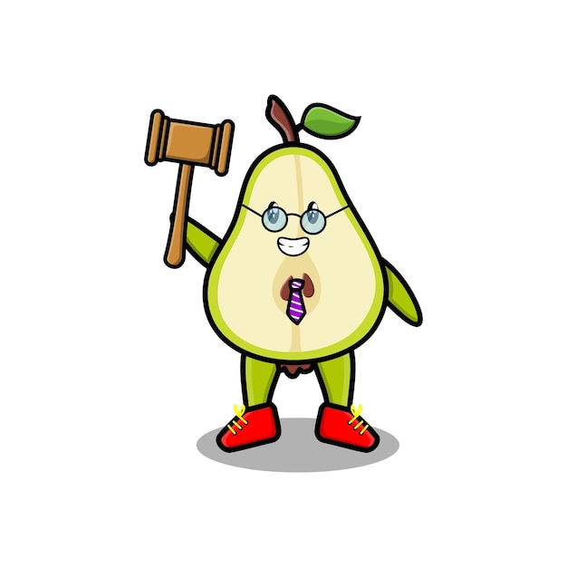 Cute cartoon mascot character wise judge pear fruit wearing glasses and holding a hammer