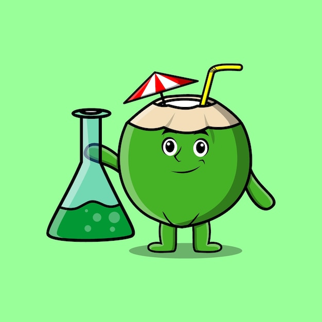 Cute cartoon mascot character Young coconut as scientist with chemical reaction glass