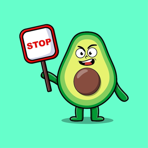 Cute Cartoon mascot illustration avocado with stop sign board vector drawing cute modern style