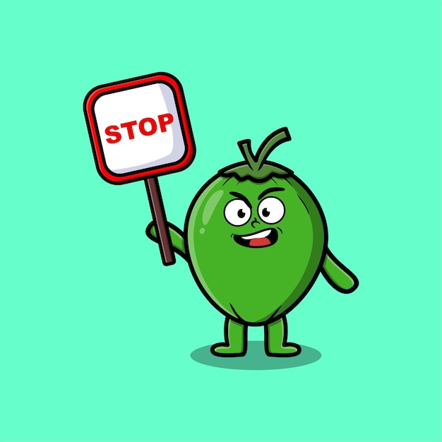 Cute cartoon mascotte illustrazione noce di cocco con cartello di stop disegno vettoriale carino stile moderno