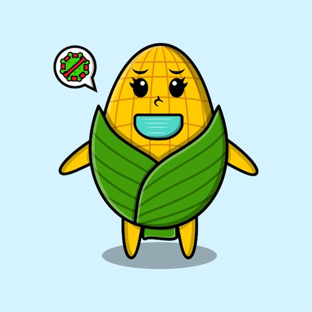 Cute cartoon mascot illustration corn using mask to prevent corona virus in cute modern style design