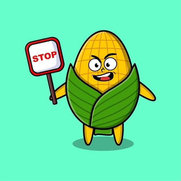 Cute Cartoon mascot illustration corn with stop sign board vector drawing cute modern style design