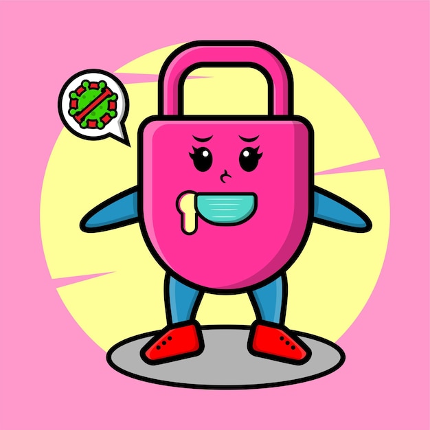 Cute cartoon mascot illustration padlock using mask to prevent corona virus in cute modern style