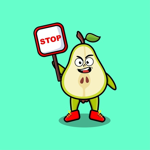 Cute cartoon mascotte illustrazione pera frutta con cartello di stop disegno vettoriale