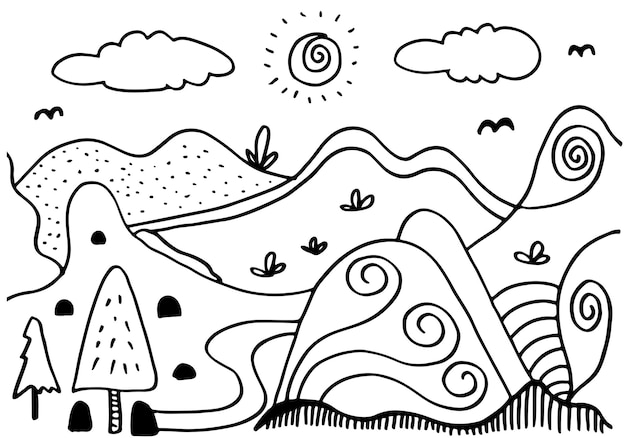 Cute cartoon meadow with mountains plants clouds and sun kids coloring page