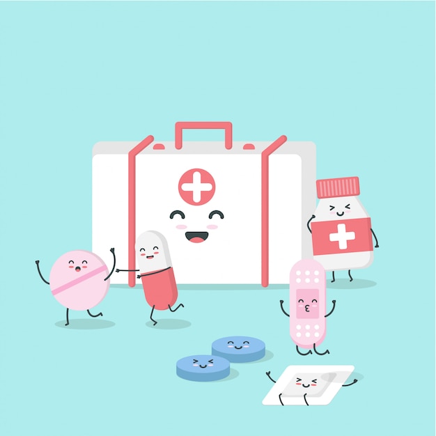 Cute cartoon medicine flat character. isometric drugs, pills, medical pills, bottle pills, band-aid and medicine happy Romping. illustration design concept of Healthcare and Medicine.