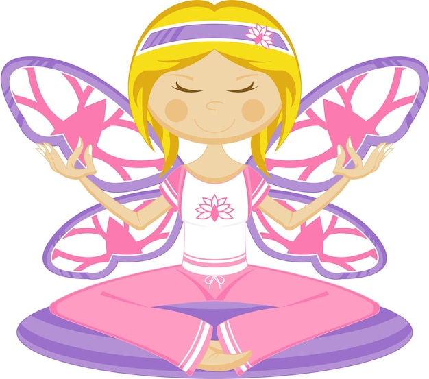 Cute Cartoon Meditating Yoga Girl with Wings Illustration