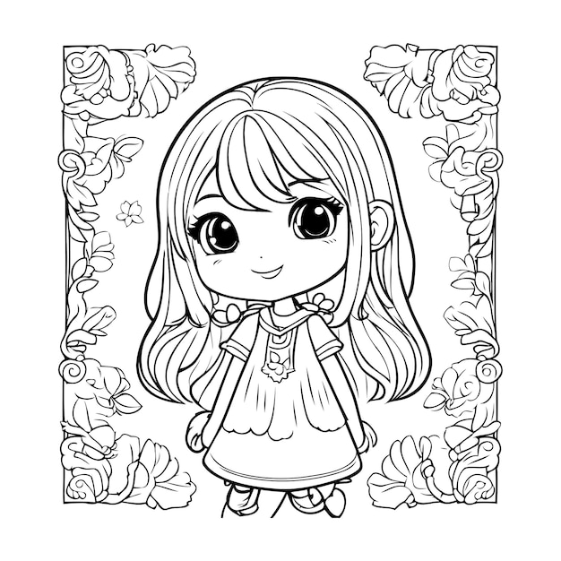 Cute cartoon meisje met bloemenframe vectorillustratie voor kleurboek