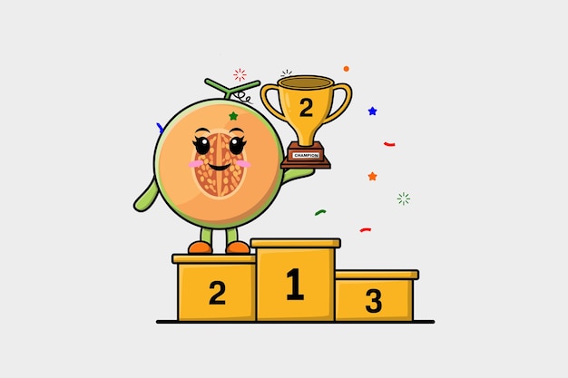 Cute cartoon Melon character as the second winner with happy expression in modern illustration