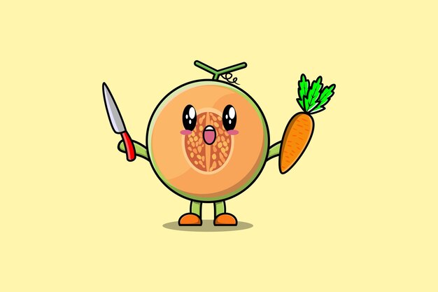 Симпатичный персонаж мультфильма "Дыня" с ножом и морковью в современном стиле