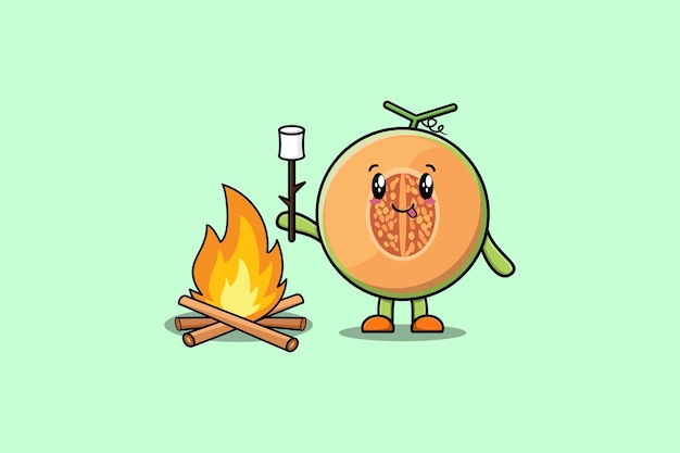 Cute cartoon melon character is burning marshmallow