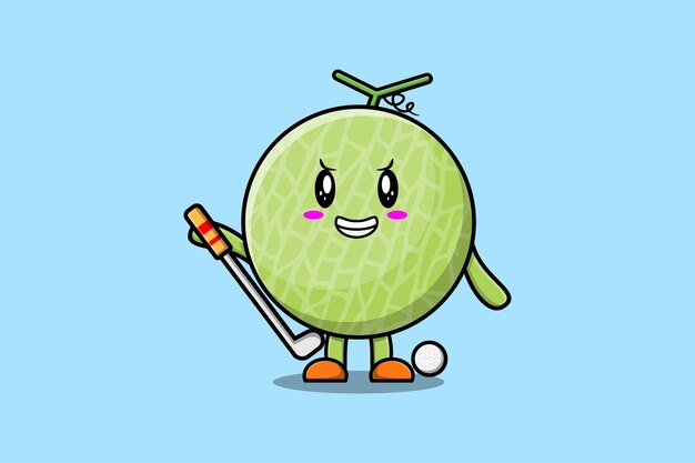 Cute cartoon melon character playing golf in concept flat cartoon style illustration