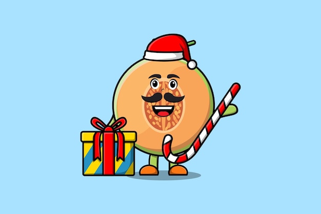 cute cartoon Melon santa clause character is bringing candy cane and boxes christmas