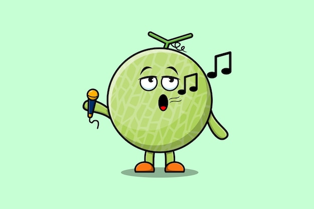 Simpatico personaggio dei cartoni animati melon cantante che tiene il microfono in illustrazioni di design in stile moderno piatto