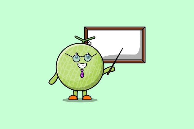 Cute cartoon melon teacher character teaching with whiteboard in flat cartoon style concept