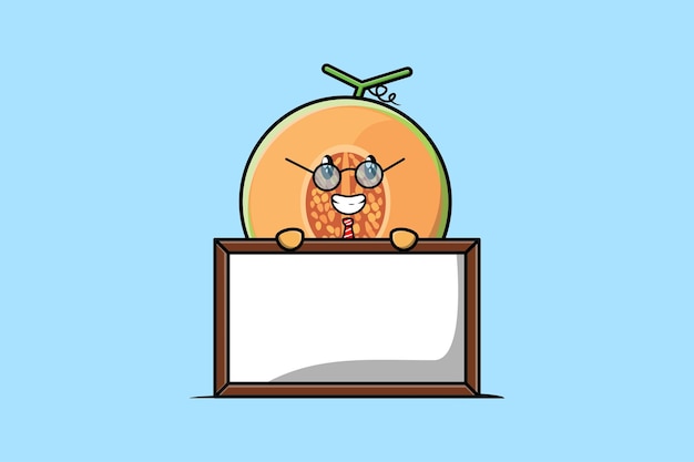 Cute cartoon Melon teacher character with big whiteboard in flat cartoon style concept