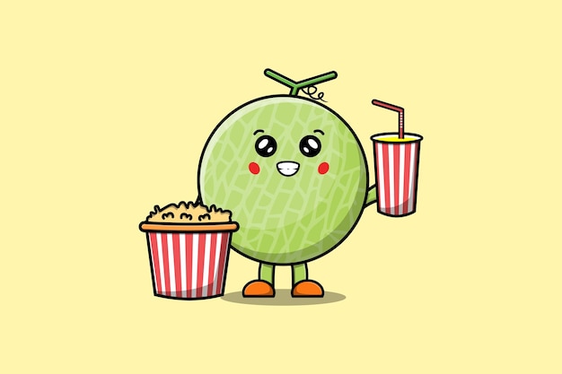 Simpatico cartone animato melone con popcorn e bevanda pronta a guardare film al cinema