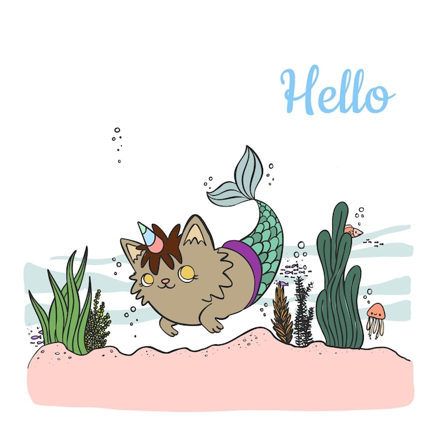 Cute cartoon mermaid cat with unicorn horn swimming in the sea with sea animals.