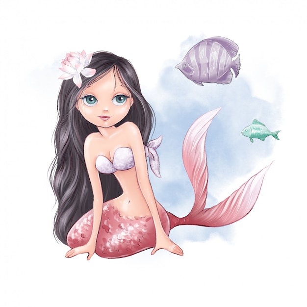 Cute cartoon mermaid and fish on a watercolor background