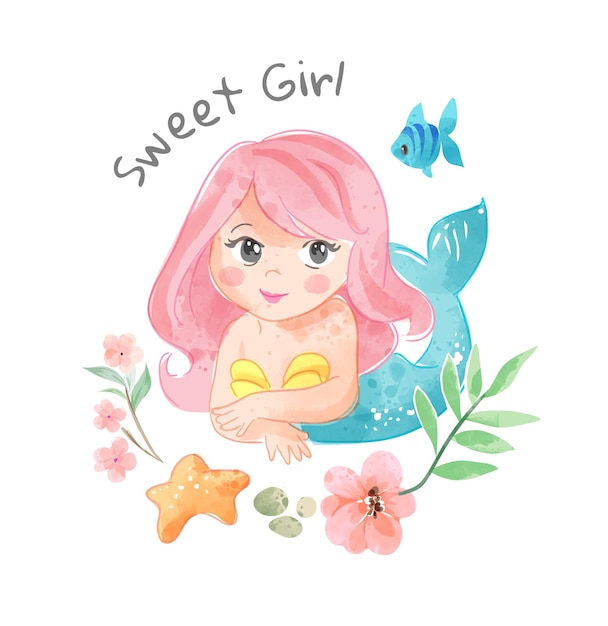 Cute cartoon mermaid with little fish illustration